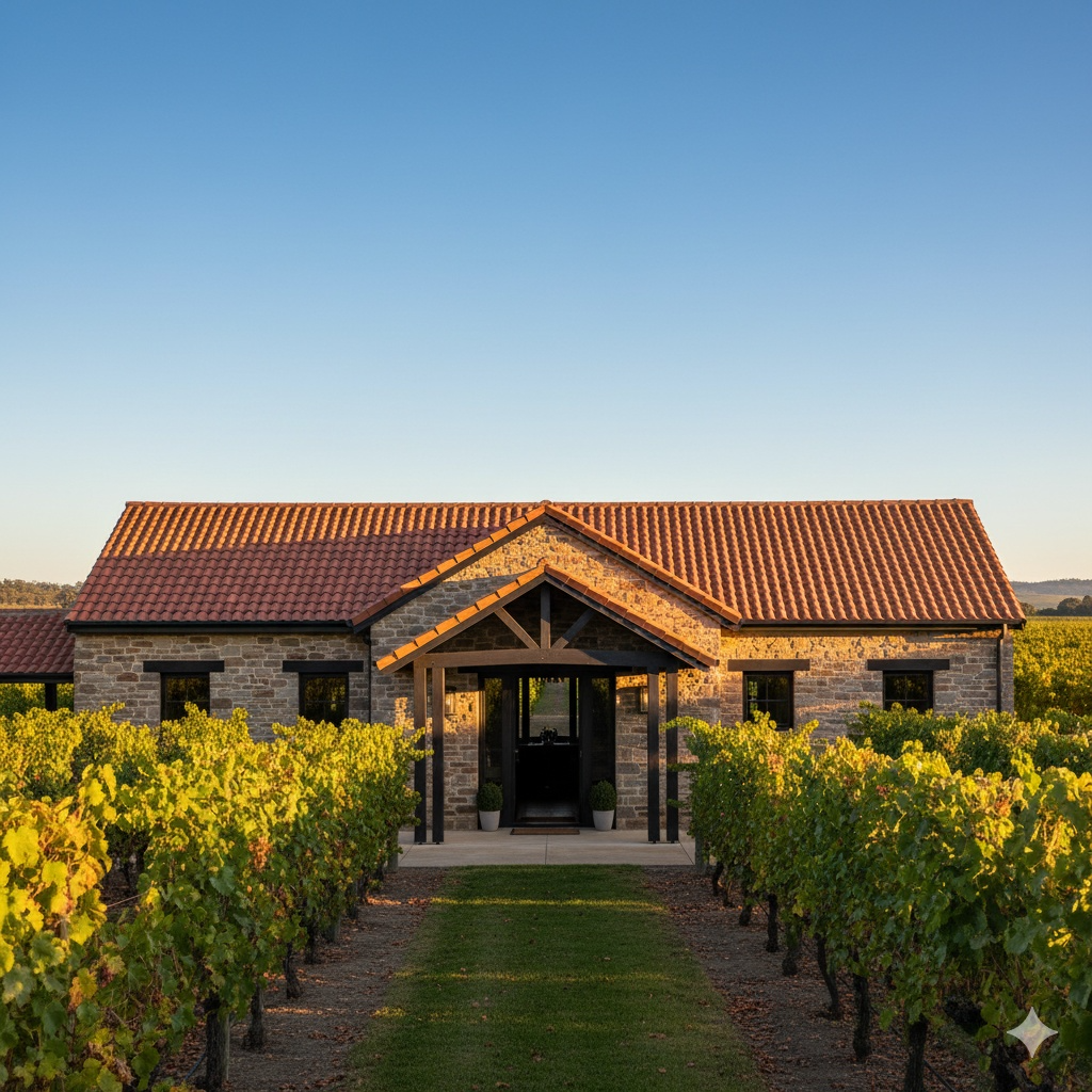 Stone winery with terracotta roof surrounded by vineyard in Barossa Valley