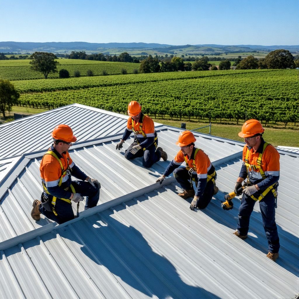 Professional roofing team installing commercial metal roof in Barossa Valley