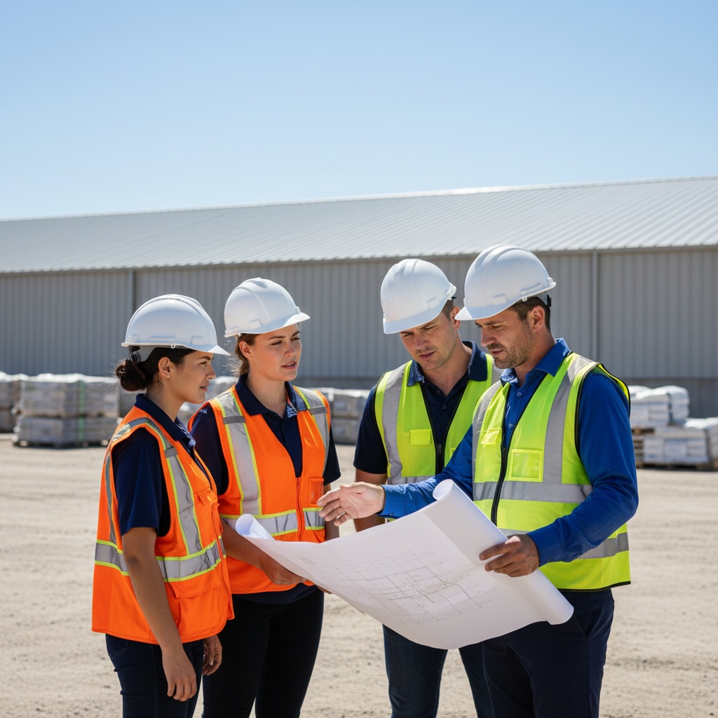 Commercial roofing team consulting on project plans at industrial site