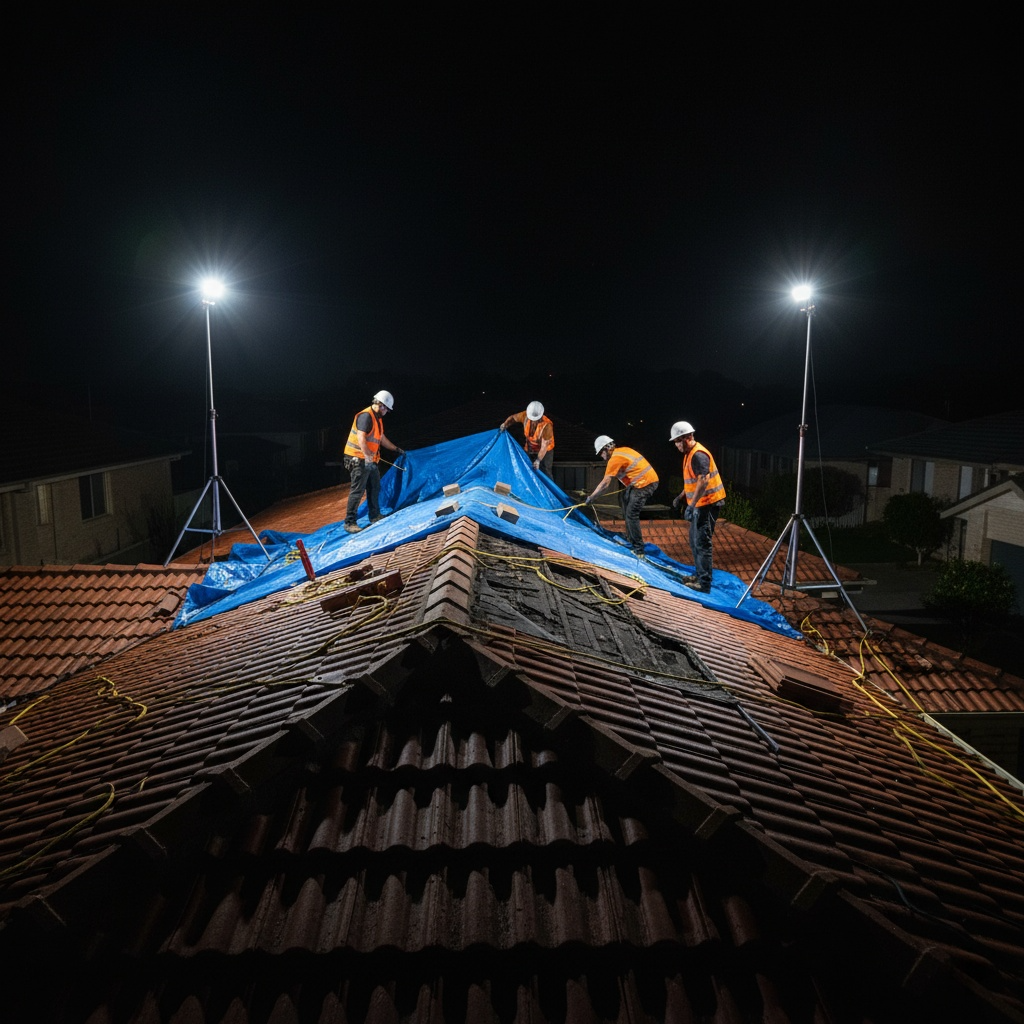 Emergency roofing team coordinating rapid response to urgent repair