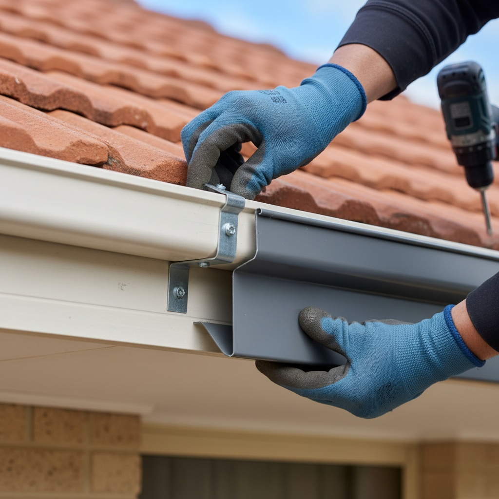 Professional gutter repair and maintenance work in progress