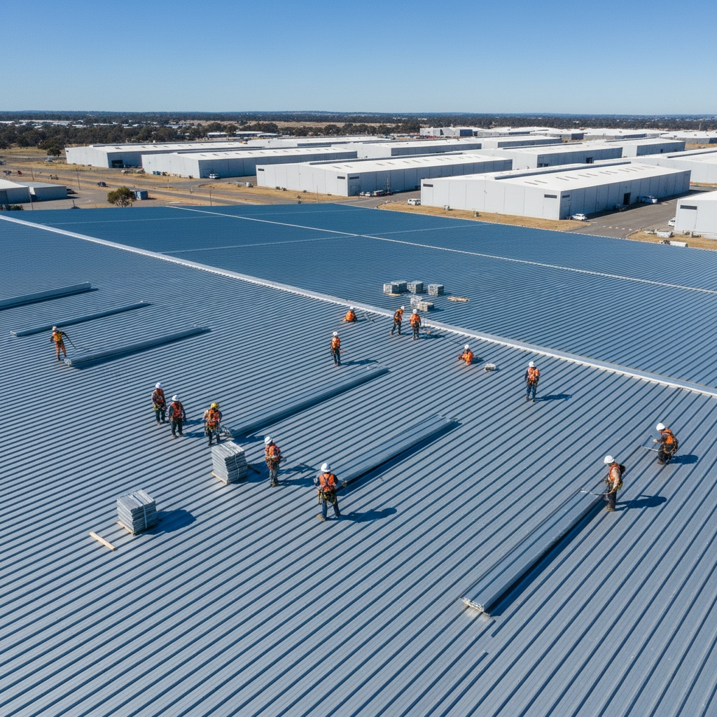 Aerial view of professional roofing crew working on large industrial building