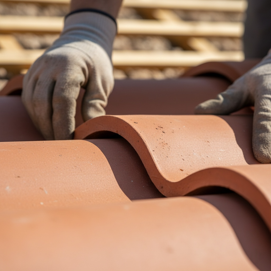 Professional craftsman installing terracotta roof tiles